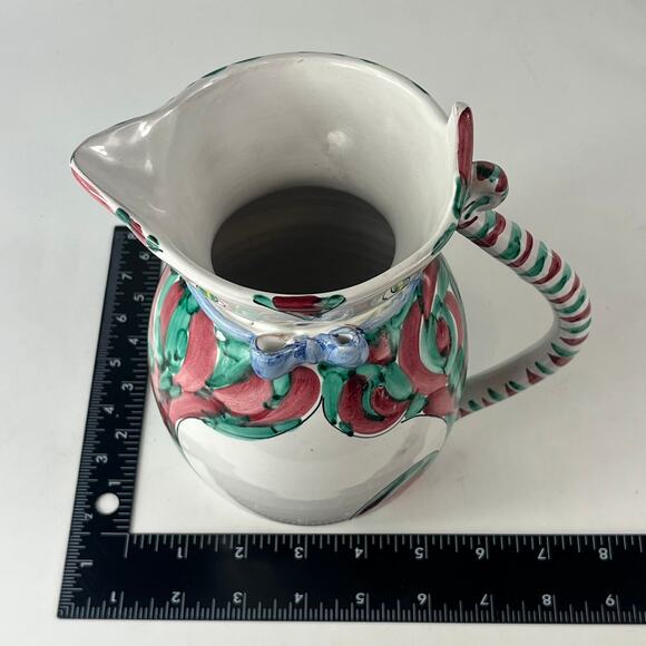 Kitty Cat Pitcher Vintage Hand Painted Italian Glazed Green Red 2105/2 Carafe - Picture 12 of 14